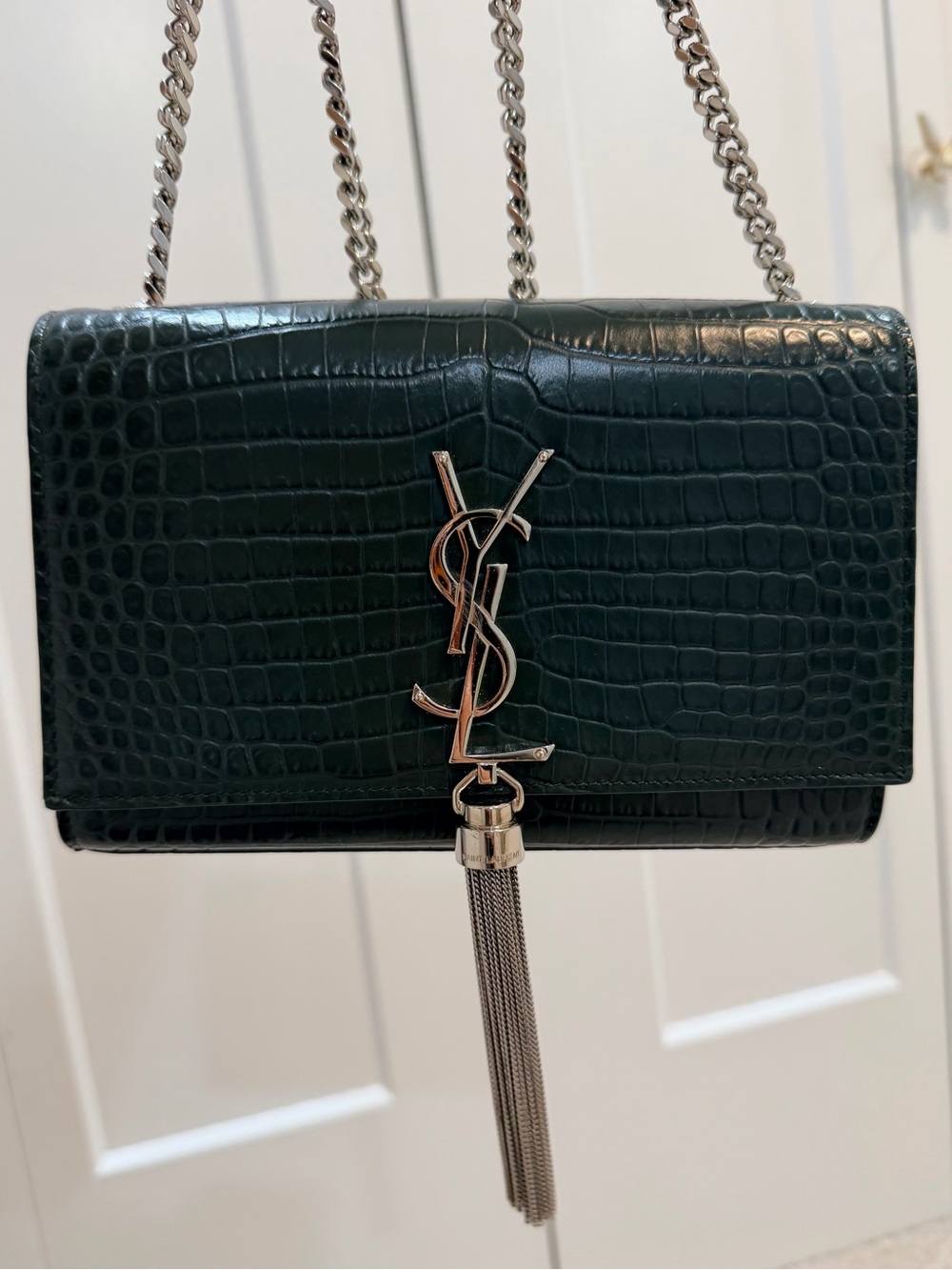 Yves Saint Laurent Dark Green Croc Embossed Calf leather Tassel Shoulder Bag
